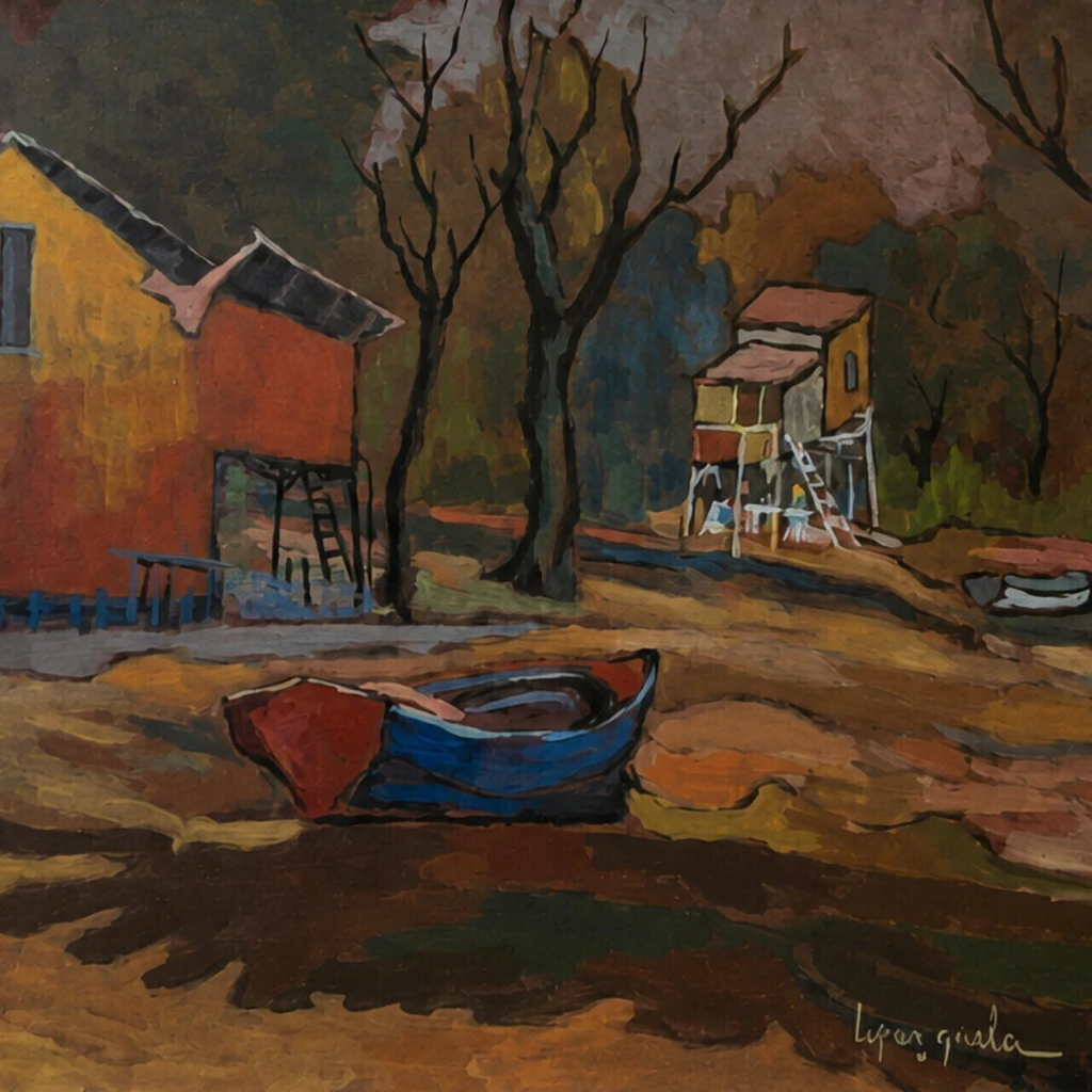 Paisaje con casas y bote - Francisco López Grela