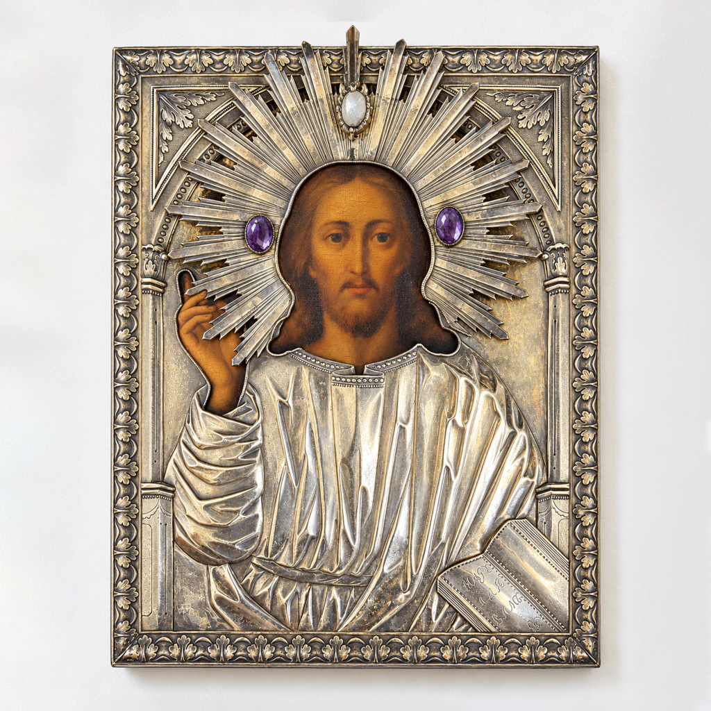 Ícono ortodoxo ruso con oklad de plata y piedras preciosas II