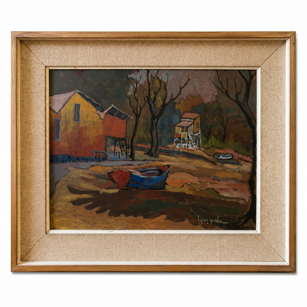 Paisaje con casas y bote - Francisco López Grela